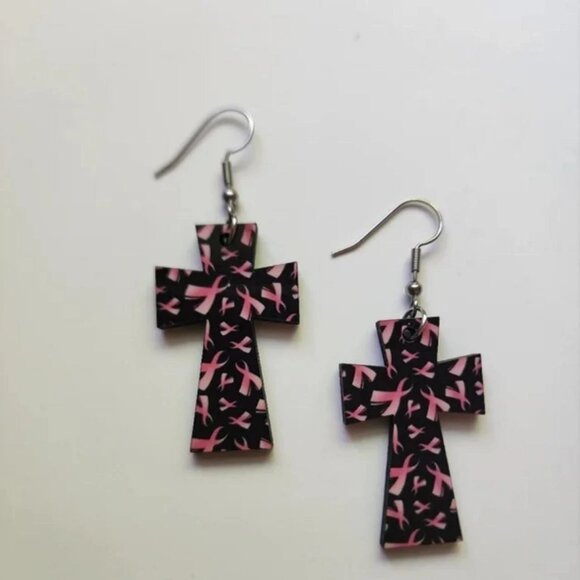Pink Ribbon Wood Earrings - Picture 4 of 5